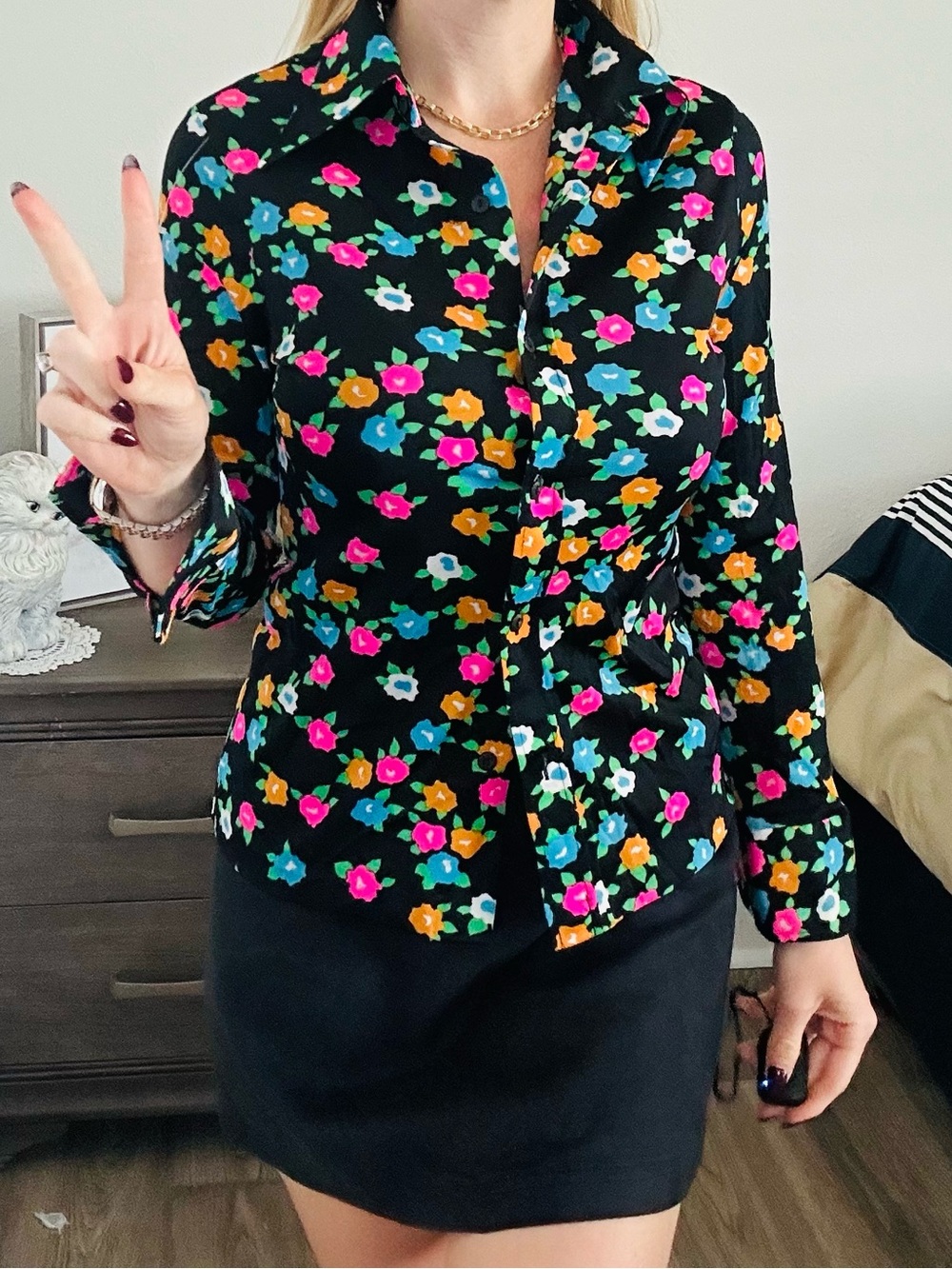 Black Floral Button-Up Blouse with Multicolor Blossoms